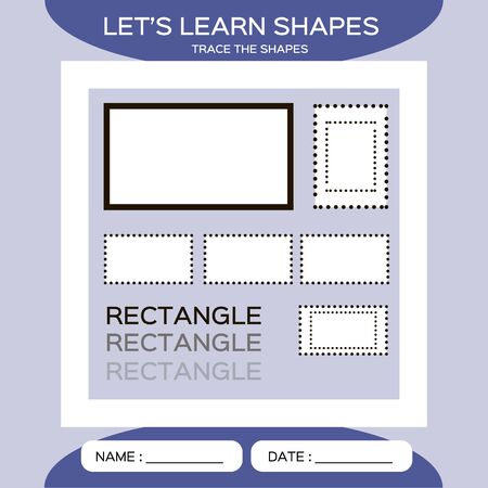 Learn Shapes. Rectangle. Handwriting practice. Trace and write. Educational children game. Kids activity printable sheet. Purple Background.