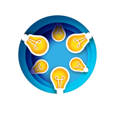 Bulb light idea in paper craft style. Origami bright Electric bulb for creativity, startup, brainstorming, business. Blue layered circle background.のイラスト素材