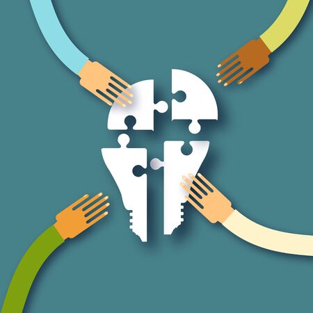 Electric bulb. Puzzles in the form of a light bulb. Concept of big idea. People hand holding shaes. Work together. Business idea. Teamwork. Strategy.のイラスト素材