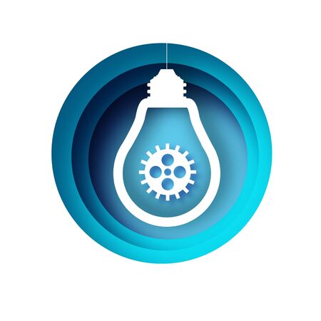 Light bulb and cog inside in paper cut style. Origami Electric bulb with gears and cogs working together. Concept of a business idea. Teamwork. Strategy. Cooperation. Light Blue circle frame.のイラスト素材