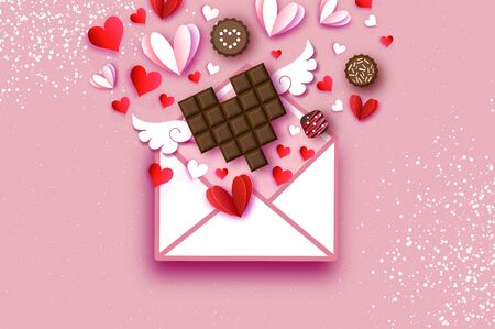 Love Chocolate. Valentines Day Greeting Card. Red white hearts paper cut style and dessert, chocolate, candy on coral. Origami Happy holidays. 14 February. Valentines postcard with wings. Vector.のイラスト素材