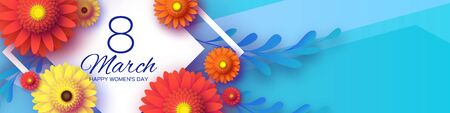 Beautiful Gerbera Flowers Banner. Origami layered Floral bouquet. Happy Womens Day, Mothers Day or...