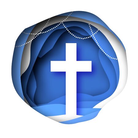 He Is Risen. Easter Banner. Christian cross in paper cut style on blue background. Circle wave cave frame.のイラスト素材