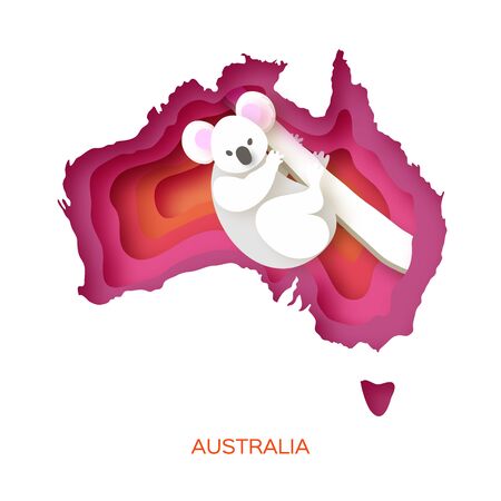 Map of Australia in paper cut style. Young koala. Australian bear. Eucalyptus or gum tree. Orange pink layered world.のイラスト素材