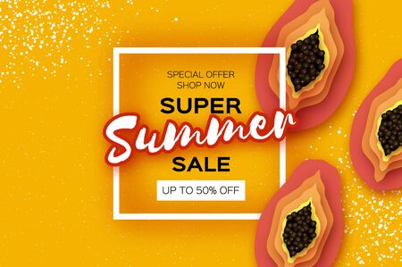 Half Cut Papaya in paper cut style on yellow background. Summer sale banner. Fresh fruit time. Space for text. Square frame.のイラスト素材