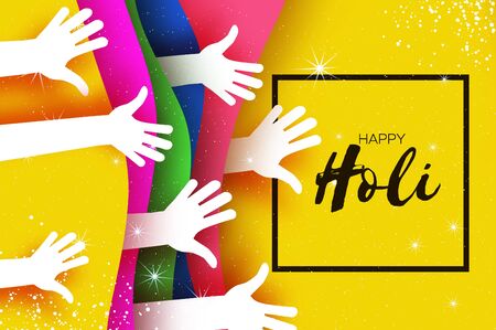 Happy Holi Festival of Colors. White People hands. Colorful paint. Space for text. Square frame. Yellow.のイラスト素材