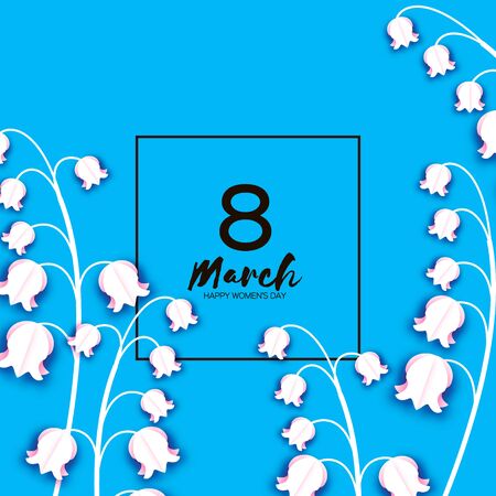 Lilies-of-the-valley. 8 March. Beautiful white Flowers. Origami layered Floral bouquet. Happy Womens Day, Mothers Day or Birthday. Spring. Paper cut style. Floral blossom. Text on blue.のイラスト素材