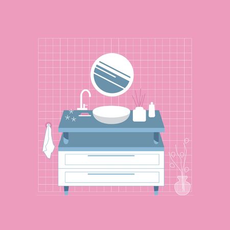 Modern white bathroom interior. Sink and circle mirror. Flat style on pink.のイラスト素材