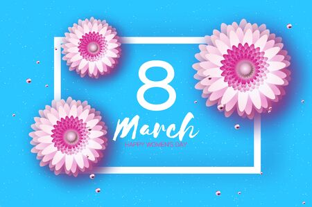 Beautiful White Pink Gerbera Flowers. Origami layered Floral bouquet. Happy Womens Day, Mothers Day or Birthday. 8 March. Spring. Paper cut style. Floral blossom. Rectangle frame for Text on blue. Vectorのイラスト素材