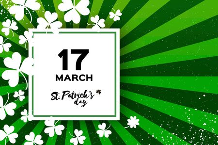 Happy St. Patricks day Greeting card. Shamrock leaf clovers, Irish spring holidays. Square frame for text. Green background.のイラスト素材