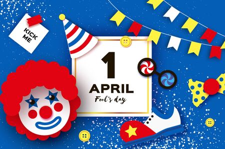 1 April Fools day. Kick me prank paper sticker.. Funny Clown, red wig. Clown shoes and bow in paper cut style on blue. Square frame for text.のイラスト素材