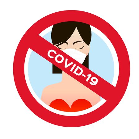 Woman in white medical face mask. Stop Coronavirus. New coronavirus. Stop Covid-19. Spread prevention. Stay home. 2019-nCoV. Coronavirus quarantine.のイラスト素材