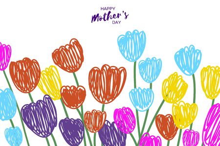 Tulips. Different colorful flowers on white background. Happy Mothers day. Spring time. Happy womens day.のイラスト素材