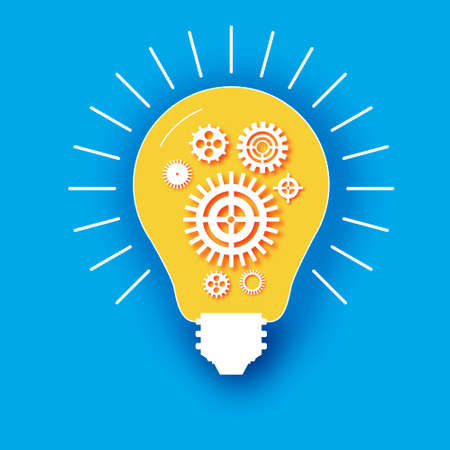 Light bulb and cogs inside in paper cut style. Origami Electric bulb with gears and cogs working together. Concept of a business idea. Teamwork. Strategy. Blue background. Yellow light.のイラスト素材