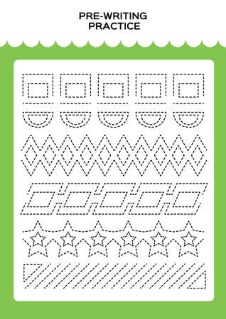Tracing practice for kids. Pre-writing worksheet for little children. Prescool or kindergarten super handwriting practice. Fine motor skills. Lets trace dashed lines. Activity Game. Green.のイラスト素材