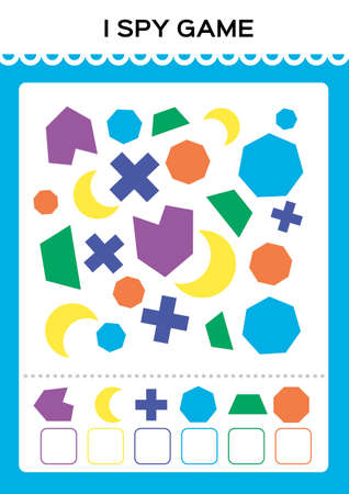 I spy game. Find and Count shapes for toddlers. Counting activity for kids. Educational for kids. Basic Geometrical shapes. Elementary math worksheet.のイラスト素材
