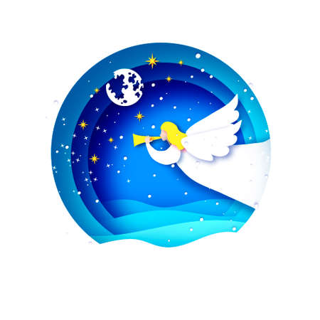 Merry Christmas Greetings Card with white Angels and beautiful winter landscape. Winter holidays. Happy New Year. Circle bauble frame in paper cut style.のイラスト素材