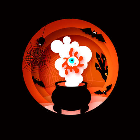 Happy Halloween. Witchs Cauldron with magic eye. Mystical night with bat, web, spiders. Circle frame. Paper craft art. Space for text.のイラスト素材