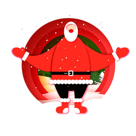 Merry Christmas and Happy New Year. Happy Santa Claus with a welcome gesture. Free Hug Santa. Santa come on give a hug. Winter Holidays in paper cut style. Red.のイラスト素材
