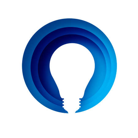 Light bulb in paper craft style. Origami Electric bulb. Bright white color for creativity, startup, brainstorming, business. Circle blue layered frame.のイラスト素材