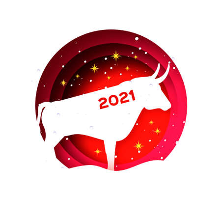 Bull New Year. Happy New Year. Bull, ox, cow. 2021 Lunar horoscope sign in paper cut style. Red. Winter holidays.のイラスト素材