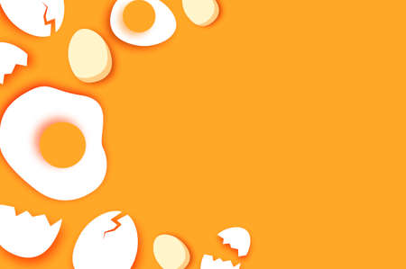 Eggs in shell, fried, half. Broken egg. Farm products. Fast food. Natural product. Omelet papercut style. Orange background.のイラスト素材