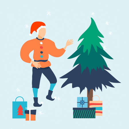 Merry Christmas Elf with gifts and Christmas tree. Happy New Year. Winter Holidays. Magic time.のイラスト素材