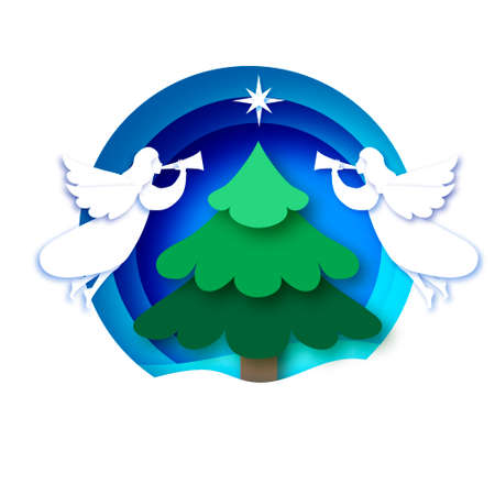 Merry Christmas Greetings Card with white Angels and Green Christmas tree. Winter holidays. Happy New Year. Circle bauble frame in paper cut style.のイラスト素材