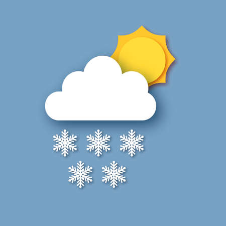 White paper cloud with snowflakes. Falling Snow. Sun and cloud. Paper cut Weather. Winter time.