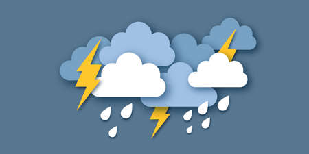 Rain Clouds and Lightening Bolt. Paper cut weather. Storm time. Rain drops and thunder.のイラスト素材