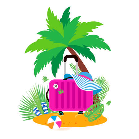 Pink Suitcase on the beach. Travel bag with hat on the sunny beach. Flipflop, ball and palm. Summer holidays. Sunny days. Holidays. Time to travel. Super weekend. Flat.のイラスト素材