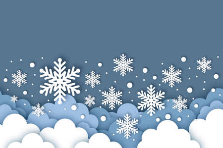 Falling Snow. White cloud. Paper cut Weather. White snowflakes. Winter time. New Year and Christmas.のイラスト素材