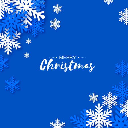 Merry Christmas and Happy New Year. White snowflakes in paper cut style. Space for text. Circle frame. Winter time. Holidays.のイラスト素材