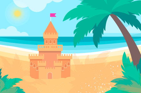 Sandcastle on Seashore. Time to travel. Summer Vacation. Beach rest. Parasol. Children summer games and activities.のイラスト素材