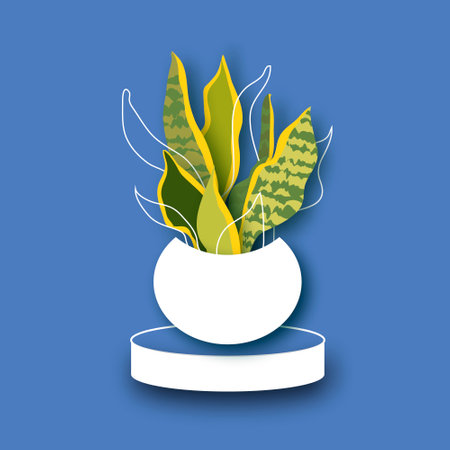 Snake Plant. Houseplant. Green Leaves of Sansevieria trifasciata paper cut style. botanical nature. Spring and summer time. Homeplant.のイラスト素材