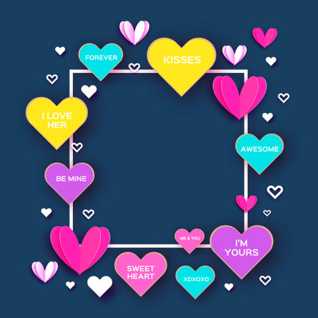 Love hearts with love massages. Share your love. paper cut style. Valentines day. 14 February.のイラスト素材