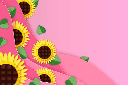 Sunflower paper cut style. Beautiful nature. Yellow plant. Summer. Pink paper wave background. Womens day. Mothers day.のイラスト素材