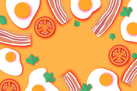 Bacon and Eggs, Tomato. Omelet papercut style. Farm products. Fast food. Natural product. Food ingredients. Slices of crisp bacon. Ham. Orange. Super breakfast.のイラスト素材