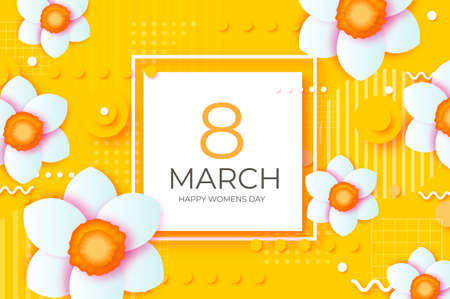 Bouquet of Narcissus Flowers. Happy Womens Day. 8 March. Mothers Day. Spring time paper cut style. Square frame. Yellow background. Space for text. Geometrical shapes.のイラスト素材