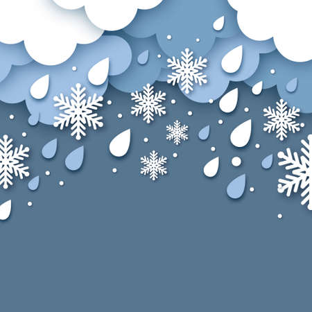 White paper cloud with snowflakes. Falling Snow. Cloud. Paper cut Weather. Winter time.のイラスト素材