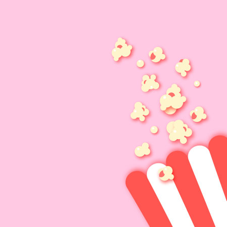 Paper striped bucket. Cup with tasty popcorn paper cut style. Pink Background. Space for textのイラスト素材