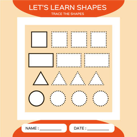 Square. Rectangle. Triangle. Circle. Basic geometric shapes for children. Learn Shapes. Handwriting practice. Trace and write. Educational children game. Kids activity printable sheet. Orange.のイラスト素材