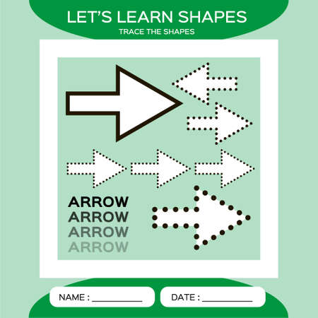 Arrow. Basic geometric shapes. Elements for children. Learn Shapes. Handwriting practice. Trace and write. Educational children game. Kids activity printable sheet. Green Background.