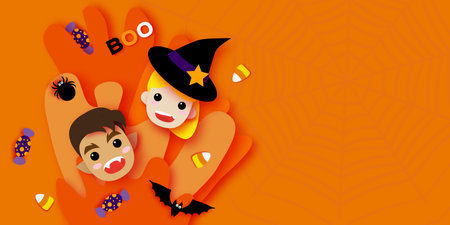 Cute Little Witch. Werewolf. Happy Halloween. Monsters cartoon paper cut style. Funny Trick or treat. Bat, spider, web, candy. Space for text Orange Purpleのイラスト素材