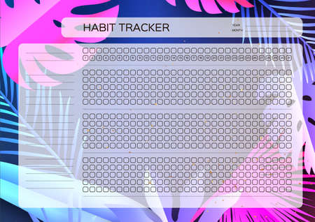 Habit tracker. 31 day. Monthly Planner. Habit tracker blank template. Notebook Planner. Notebooks,decals, diary. Cute paper cut tropical nature floral leaves. Mostera, banana, palm leaves.のイラスト素材