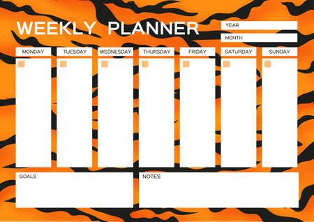 Weekly planner. Cute page for notes. Notebooks,decals, diary, school accessories. Tiger Fur. Wild Animal style. Big cat. Space for text. White Orange Black.のイラスト素材