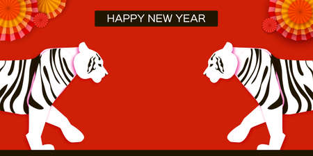 Tiger Chinese New Year. Wild Animal paper cut style. Chinese zodiac, calendar. Winter holidays. Happy New Greeting Card 2022. Wild Animal. Big cat. Christmas season.のイラスト素材