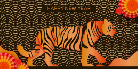 Tiger Chinese New Year. Wild Animal paper cut style. Chinese zodiac, calendar. Winter holidays. Happy New Greeting Card 2022. Wild Animal. Big cat. Christmas season.のイラスト素材