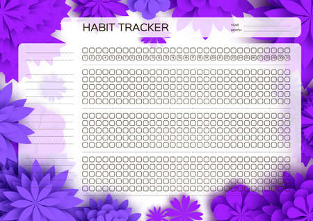 Notebook Planner. Habit tracker. Day challenge. Goal. Cute page for notes. Notebooks,decals, diary, school accessories. Cute purple paper cut flowers. Nature floral leaves.のイラスト素材