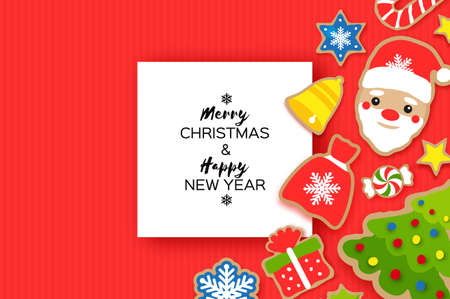 Happy New Year greeting card. Christmas Santa,tree,gift, snowflakes, lollipop. Christmas gingerbread paper cut style. rectangle frame. Winter holidays. Red.のイラスト素材